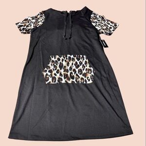 Women’s Black Hooded T-Shirt Dress with Leopard Print Accents